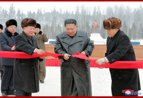 Kim Jong Un cuts a ribbon to open Samjiyon township on December 2, 2019. (KCNA)