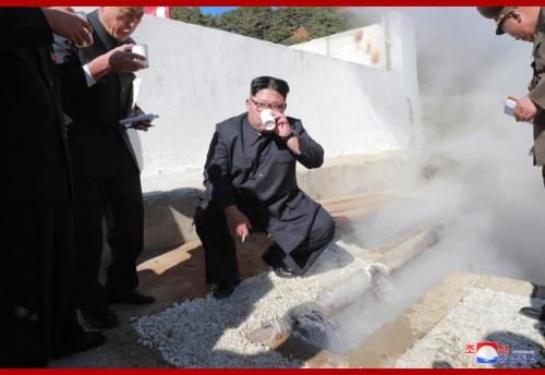 Kim Jong Un inspects a hot springs construction area in Yangdok County in October 2018 (Photo: KCNA)